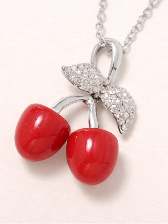 Jewelry - Cherry Pendant Necklace Red Austrian Crystal Rhinestone Silvertone 29” Coquette
